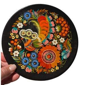 Vtg Ukrainian Petrykivka Hand Painted Black Wood PLATE Signed Folk Art Bird